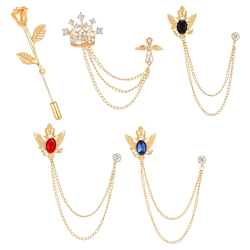 Amaxiu 5Pcs Men's Brooch Suit Pin, Brooch Crystal Rhinestone Crown | Hanging Chain Tassel Brooche's with Stone, Rose Floral Lapel Pins for Men, Shirt Tie Hat Tuxedo Accessory
