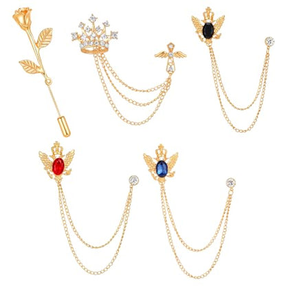 Amaxiu 5Pcs Men's Brooch Suit Pin, Brooch Crystal Rhinestone Crown | Hanging Chain Tassel Brooche's with Stone, Rose Floral Lapel Pins for Men, Shirt Tie Hat Tuxedo Accessory