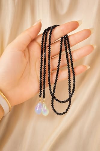 Green Beaded Lariat Necklace with Baroque Pearl Drops – Adjustable Wrap Y Style Jewelry, Beach and Bohemian Outfit Accessory for Women - color: Black