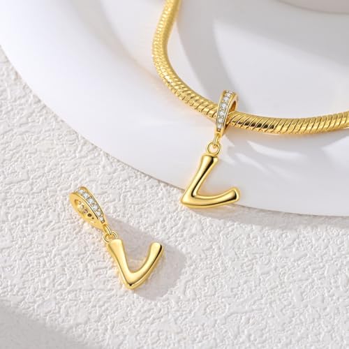Hapour Gold Initial Letter Charms 925 Sterling Silver Alphabet Beads | 14K Gold Plated, A-Z Letter Charms, For Bracelets Necklace, Cubic Zirconia, DIY Dangle Pendant Beads, For Women Mom - color: Golden initial letter V