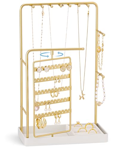 ProCase Jewelry Stand Holder Organizer and Storage, Gold (No-Assembly) | Rotating Earring Bracelet Holder Storage, Hanging Jewelry Display Velvet Ring Tray, Teen Girls Birthday Gifts Room Dorm Decor - color: Gold (No-Assembly), size: Medium (7.87" W × 3.9