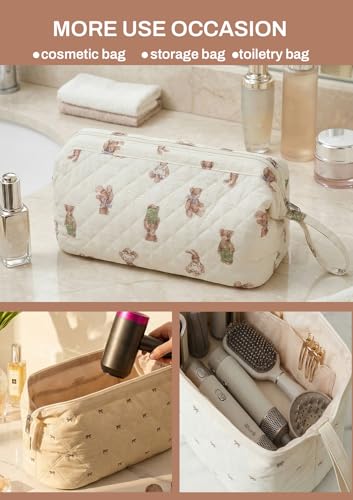 TeeYee Nylon Hair Tools Travel Bag for Dyson Airwrap Quilted Toiletry Bag | Travel Storage Bag for Shark Flexstyle/Curling Iron,Water-repellent,Wide-open,Well-structured,Heat-safe lining,001beigebow - color: Beigebow