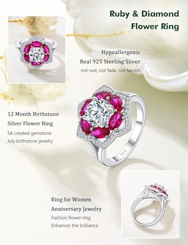 Flower Engagement Promise Ring Sterling Silver Birthstone Rings for Women Sapphire/Emerald/Ruby Gemstone Six Leaf Clover Statement Cocktail Ring Size 6 to 10 - style: 07. July-Created Ruby