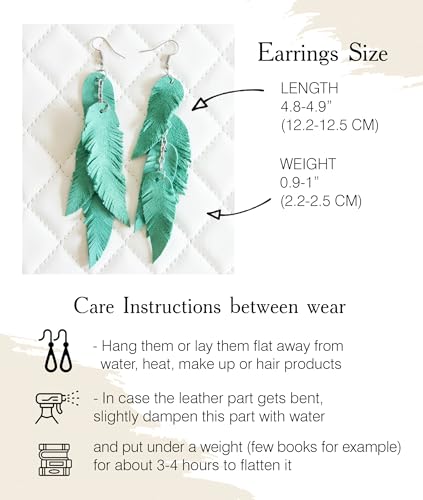 Leather Feather Earrings, Suede layered earrings, boho wedding jewelry, summer earrings, gift for her, dangle earrings - color: Light green