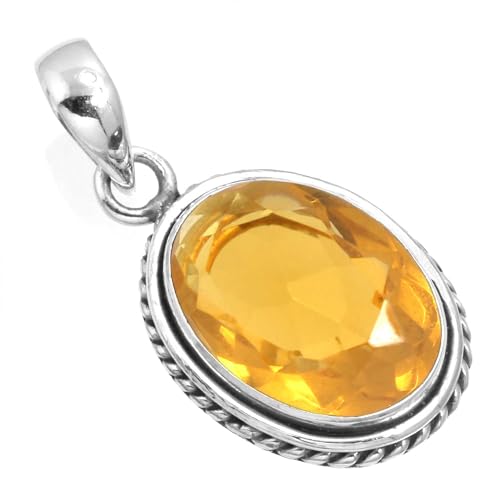 Chunky Natural Gemstone Pendant Necklace For Women Onyx, Turquoise, Amber, Garnet Oval Boho Genuine 925 Sterling Silver Handmade Jewelry - color: Citrine Quartz