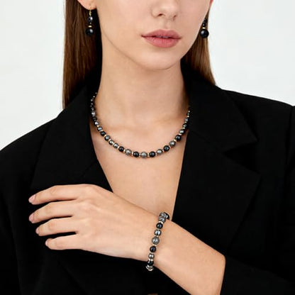 Beaded Necklaces for Women 3Pcs Colorful Boho Gemstone Bead Choker Summer Natural Stone Surfer Beach Bead Necklace Bracelets Earring Set Handmade Jewelry for Women Gift Jewelry Sets - color: Black/Grey