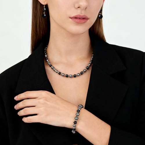 Beaded Necklaces for Women 3Pcs Colorful Boho Gemstone Bead Choker Summer Natural Stone Surfer Beach Bead Necklace Bracelets Earring Set Handmade Jewelry for Women Gift Jewelry Sets - color: Black/Grey