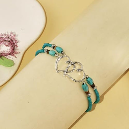 Elastic Beaded Ankle Bracelets for Women Double Heart Layered Stretch Ankle Bracelets Waterproof Dainty Boho Beaded Anklets for Summer Beach Foot Jewelry - color: Blue-Green Silver