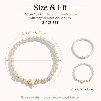 Fesciory Shell Ankle Bracelets for Women, Gold Plated Boho Beach Anklet Set | Adjustable Pearl Bead Anklet Set with Starfish, Conch and Seashell Charms for Beach Outfits, Vacations, Parties and Gifts - color: Gold-3