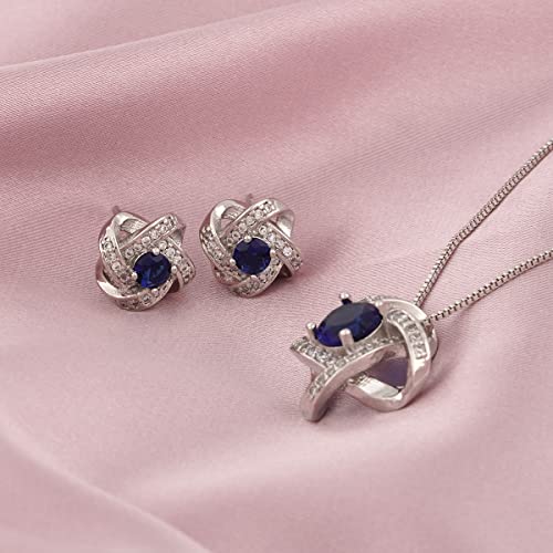 AMYJANE Bridal Jewelry Set for Women - Crystal Cubic Zirconia Love Knot Necklace Stud Earrings Elegant CZ Jewelry Set for Wedding Bride Bridesmaids Gift Set - color: Blue Sapphire(14k White Gold Plated)