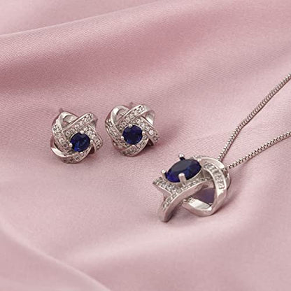 AMYJANE Bridal Jewelry Set for Women - Crystal Cubic Zirconia Love Knot Necklace Stud Earrings Elegant CZ Jewelry Set for Wedding Bride Bridesmaids Gift Set - color: Blue Sapphire(14k White Gold Plated)