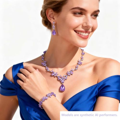 Kamirola Bridal Jewelry Set, Jewelry Set for Women, Necklace Dangle Earrings Bracelet Set, White Gold Plated (TR76) - color: Silver Purple