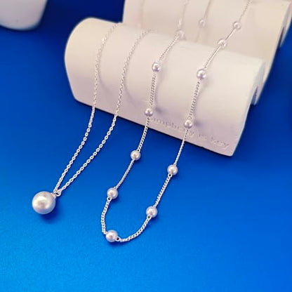 OGD Gold Pearl Necklace Set for Women 14K Plated Layered Daisy Choker Gift - color: Silver Pearl Necklace-2PCS