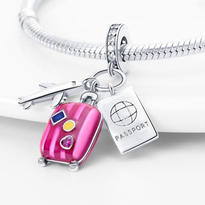 925 Sterling Silver Charms for Bracelets and Necklaces Beads Charms Jewelry Gift for Women - color: Airline Luggage and Passport