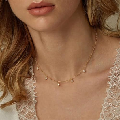 Pearl Necklace for Women, Dainty Pearls Choker Necklace for Women 14K Gold Plated Layered Pendant Necklace Handmade Gold Chain Necklace Everyday Jewelry Gift - color: Pearl Choker-Gold