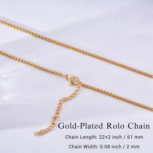 Eusense Stainless Steel Chain Necklace for Men Women Rolo/Wheat/Snake/Box Chain, 2-3MM, 20-24 Inches with Delicate Gift Box - color: 18K Gold-Plated, size: 22+2 Inches Length, style: Rolo Chain-2MM Width