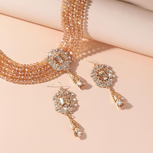 Missgrace Women Silver Black Green Red Rhinestone Crystal Tassels Bridal Necklace Earrings Sets Teardrop Necklace Dangle Earrings Set for Wedding Brides Bridesmaid - color: Champagne