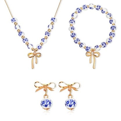 Bow Jewelry Set, Ceramic Bracelet Necklace and Earring Sets for Women with Bow Tie, Handmade Vintage Beads Ceramic Jewelry Gift