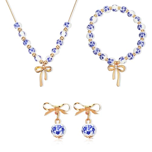 Bow Jewelry Set, Ceramic Bracelet Necklace and Earring Sets for Women with Bow Tie, Handmade Vintage Beads Ceramic Jewelry Gift