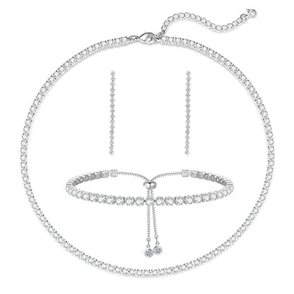 HAXIYA Tennis Necklace Bracelet for Women, Sterling Sliver Jewelry Set, Silver/Gold Chocker Necklace, Crystal Bracelet for Women, Wedding Jewelry for Bride, Sparkly Party Prom Hypoallergenic - color: Rhombus Set of 3 - Silver