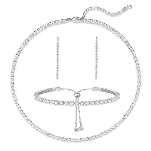 HAXIYA Tennis Necklace Bracelet for Women, Sterling Sliver Jewelry Set, Silver/Gold Chocker Necklace, Crystal Bracelet for Women, Wedding Jewelry for Bride, Sparkly Party Prom Hypoallergenic - color: Rhombus Set of 3 - Silver