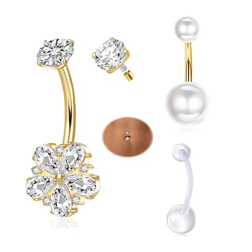 TIANCI FBYJS 3pcs G23 Titanium Pink Belly Button Rings Internally Threaded 10mm Clicker Reverse Curved Hoop Navel Barbell Piercing Jewelry CZ Belly Rings for Women Men - color: gold set 1