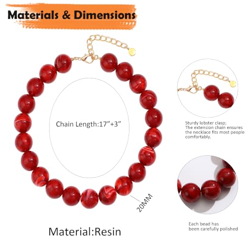 Chunky Necklaces for Women Trendy 20MM Large Resin Beaded Necklace Bold Statement Chunky Choker Necklace Boho Beads Summer Beach Jewelry - color: Red
