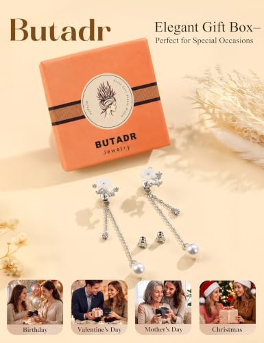 Pearl Dangle Stud Earrings for Women, 925 Sterling Silver Post Drop Earring | Trendy Detachable Chain Earrings, CZ Flower Stud Earrings, Hypoallergenic Wedding Statement Jewelry for Brides - color: Silver 1