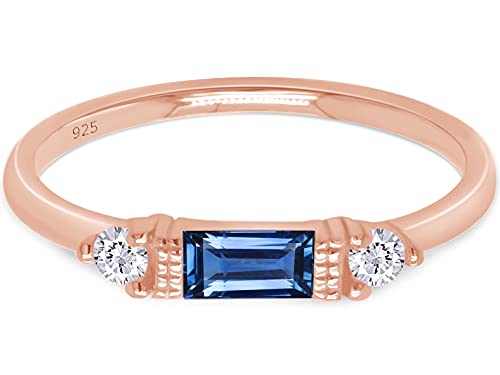 3 Stone Stackable Ring for Women with Birthstone And White Cubic Zircionia | Dainty Minimalist Ring In 14K Gold Over Sterling Silver - color: Rose Gold : Simulated Blue Sapphire