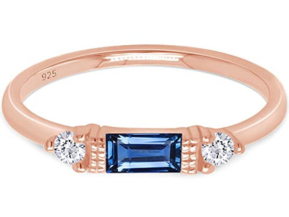 3 Stone Stackable Ring for Women with Birthstone And White Cubic Zircionia | Dainty Minimalist Ring In 14K Gold Over Sterling Silver - color: Rose Gold : Simulated Blue Sapphire