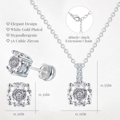 Rose Cut Silver Solitaire Necklace and Earring Set for Women, Jewelry Gift | Rose Cut, Cubic Zirconia, Necklace and Stud Earrings Set, Jewelry Set, Minimalist - color: Clear CZ Diamond