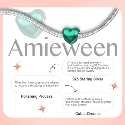 S925 Charms for Bracelets and Necklaces, Gifts for Mothers Nurses Day Graduation, for Girlfriend Family Friend, Bead Pendant, for Pandora, Silver 14K Gold Plated Enamel CZ, DIY Jewelry Making - style: Green Heart Charm
