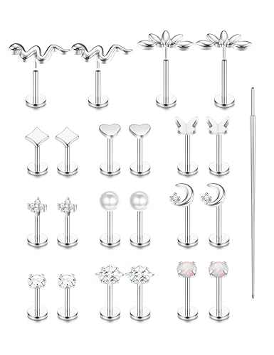 316L Stainless Steel 20G/16G Threadless Flat Back Push In Earrings Women | 11 Pairs 316L Hypoallergenic CZ Cartilage Conch Tragus Stud Earrings Nose Rings for Women, 14K Gold Plated, Silver, 6/7/8mm - color: Silver Plated, size: 20G- bar length: 6/7/8mm