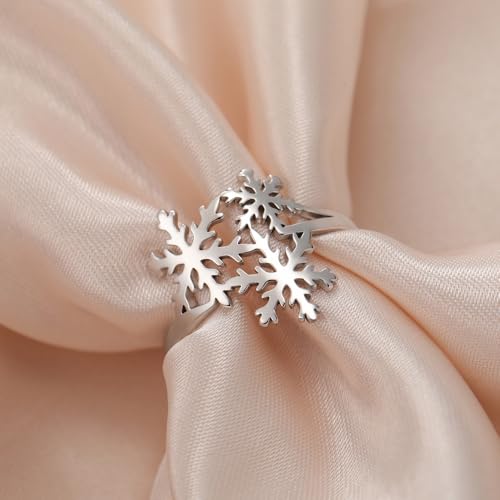 OIDIMS Xmas Snowflake Ring for Women Elegant Winter Flower Adjustable Open Band Rings Hypoallergenic Stainless Steel Christmas Holiday Wedding Engagement Prom Jewelry for Her Stocking Stuffer - color: Silver