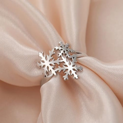 OIDIMS Xmas Snowflake Ring for Women Elegant Winter Flower Adjustable Open Band Rings Hypoallergenic Stainless Steel Christmas Holiday Wedding Engagement Prom Jewelry for Her Stocking Stuffer - color: Silver