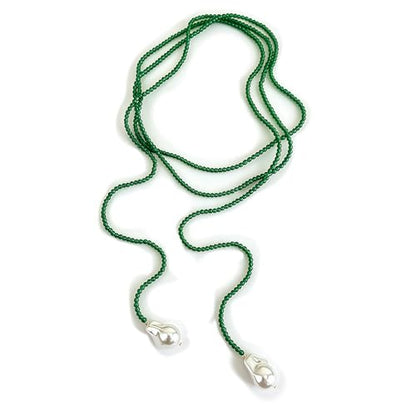Chunky Puffy Heart Layered Gold Choker & Green Beaded Lariat Necklace with Baroque Pearl Drops, Adjustable Wrap Y Style Bohemian Jewelry Fashion Accessory for Women Gifts - color: green
