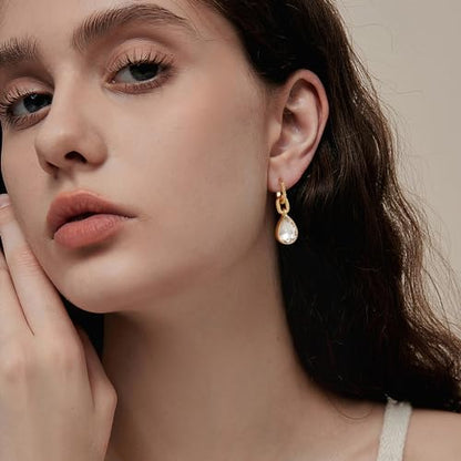 Crystals Teardrop Dangle Drop Earrings, 18K Gold Plated Hoop Earrings Zirconia Jewelry for Women Gifts - color: White-Long