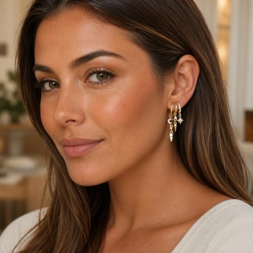 Sonateomber Gold Silver Small Hoop Dangle Earrings for Women, Trendy Dainty Rhinestone CZ Dangling Prom Wedding Leaf Flower Snowflake Butterfly Starfish Fashion Jewelry Gift - color: Celestial Star