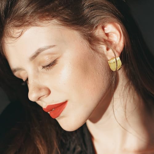 Gold Chunky Statement Earrings for Women, Trendy 14K Gold Plated Square Geometric Vintage Drop Dangle Designer Stud Earrings, Jewelry Gift - style: striped-gold