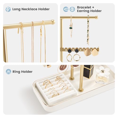 Lolalet Jewelry Necklace Holder with Ceramic Base, 14.2" Gold Jewelry Display Stand with Velvet Ring Tray Jewellery Organizer for Necklaces Bracelets Earrings