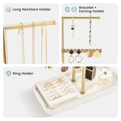 Lolalet Jewelry Necklace Holder with Ceramic Base, 14.2" Gold Jewelry Display Stand with Velvet Ring Tray Jewellery Organizer for Necklaces Bracelets Earrings