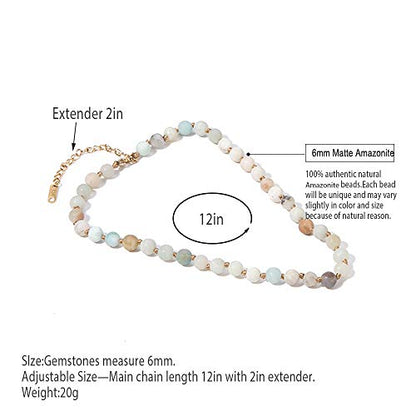 Semi Precious Stone Beaded Choker Necklace 14K Gold Plated Natural Stone Double Strand Necklace Layered Short Necklaces - color: Amazonite