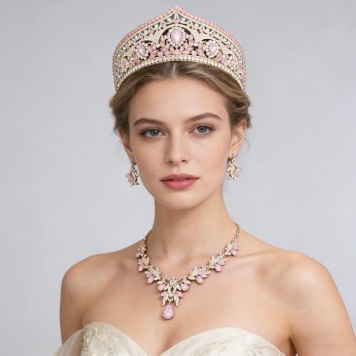 Princess Tiara Crown and Jewelry Sets for Women Wedding Rhinestone Crystal Tiaras and Crowns with Necklace Earrings Party Birthday Accessories - color: Opal Pink