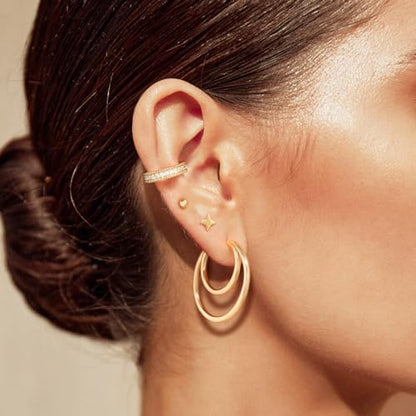 Dremmy Studios Dainty CZ Huggie Hoop Earrings 14K Gold Plated Chunky Simple Cute Thick Round Frill Bead Ball Starburst Cuff Earrings Cubic Zirconia Hoop Earrings Minimalist Personalized Gift for Her - color: Circle B