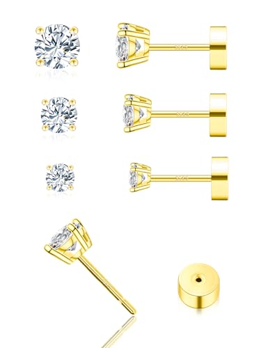 3 Pairs Moissanite Flatback Stud Earrings for Women, 925 Sterling Silver Hypoallergenic Flat Back Cartilage Earrings Set, 18K White Gold Plated - color: 14K Gold, size: 3,4,5mm