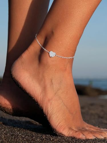ChicSilver Personalized 925 Sterling Silver Tiny Heart/Moon/Star/Sun/Dot/Triangle Anklets Simple Dainty Foot Jewelry for Women, Silver/Gold Plated/Rose Gold Plated - style: Silver Heart CZ Custom