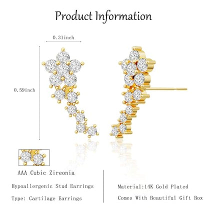 Robaice Cartilage Climber Earrings for Women，14K Gold Plated Helix Stud | Trendy Cluster Earrings, CZ Stud Earring, Tragus Conch Daith Piercing, Ear Crawer,Hypoallergenic Jewelry Gift for Women - color: D-Flower CZ