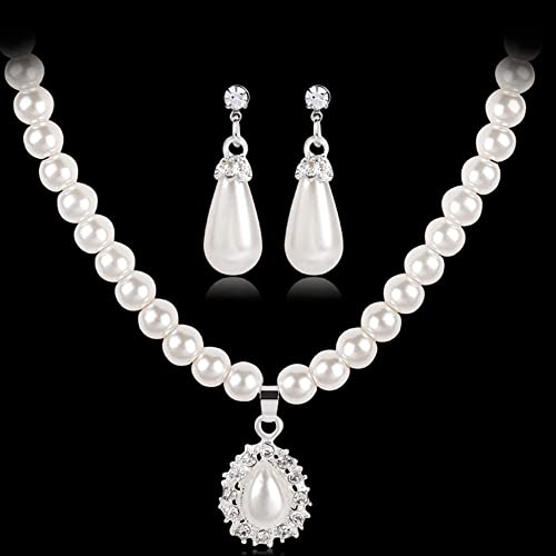 tenghong2021 Fashion Classic Faux Pearl Jewelry Set Necklace Bracelet Earrings for Women Best Gift - color: White water drop