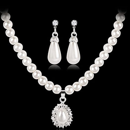 tenghong2021 Fashion Classic Faux Pearl Jewelry Set Necklace Bracelet Earrings for Women Best Gift - color: White water drop