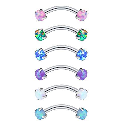 Briana Williams 6pcs Stainless Steel Rook Daith Earrings Belly Lip Ring Eyebrow Studs Cartilage Tragus Cubic Zirconia Barbell Body Piercing 8mm (5/16") - color: 7 -Opal